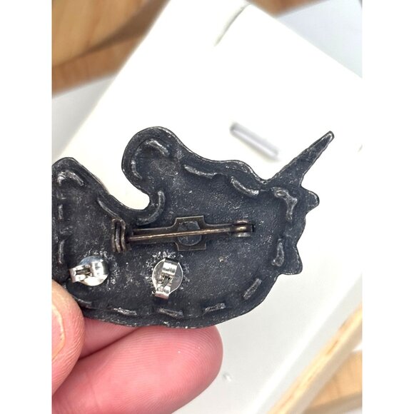 Vintage Pewter Unicorn Brooch With Intricate Detailing & earrings set - Picture 3 of 8